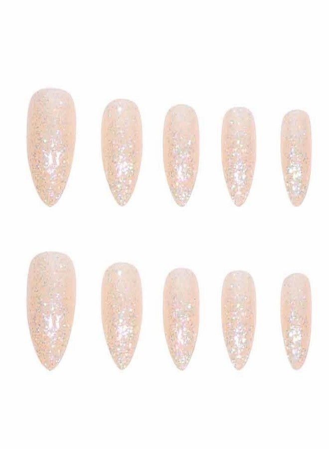 MISUD Press on Nails - Medium Almond Glue on Nails with Bling Glitter, Acrylic Sparkly Sequins Design 24 pcs - Image 2